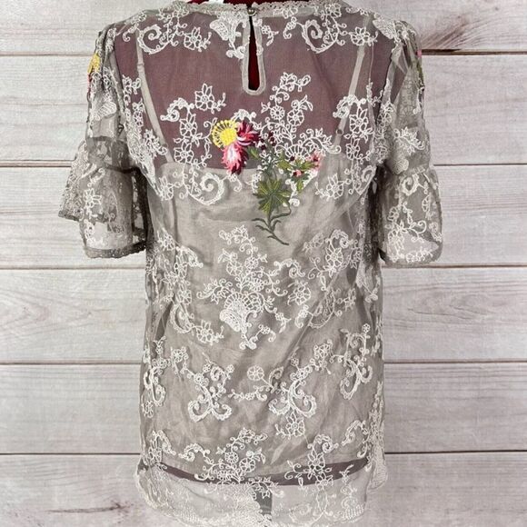 Sundance Embroidered Floral Taupe Lace Overlay Ruffle Sleeve Tank Blouse - Picture 5 of 12